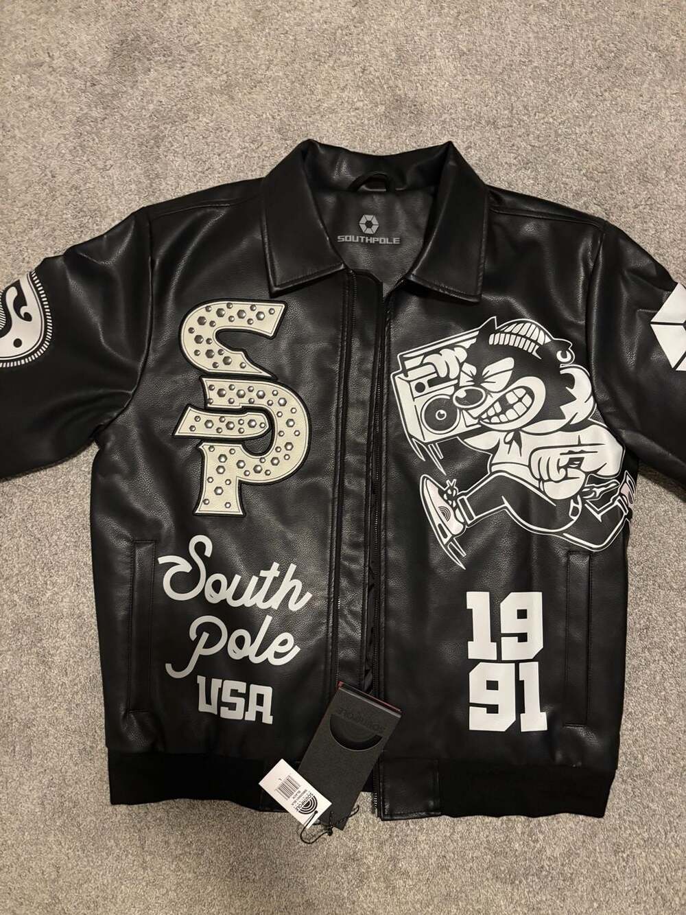 Southpole SP-91 Bomber Jacket Size L Black Faux Leather